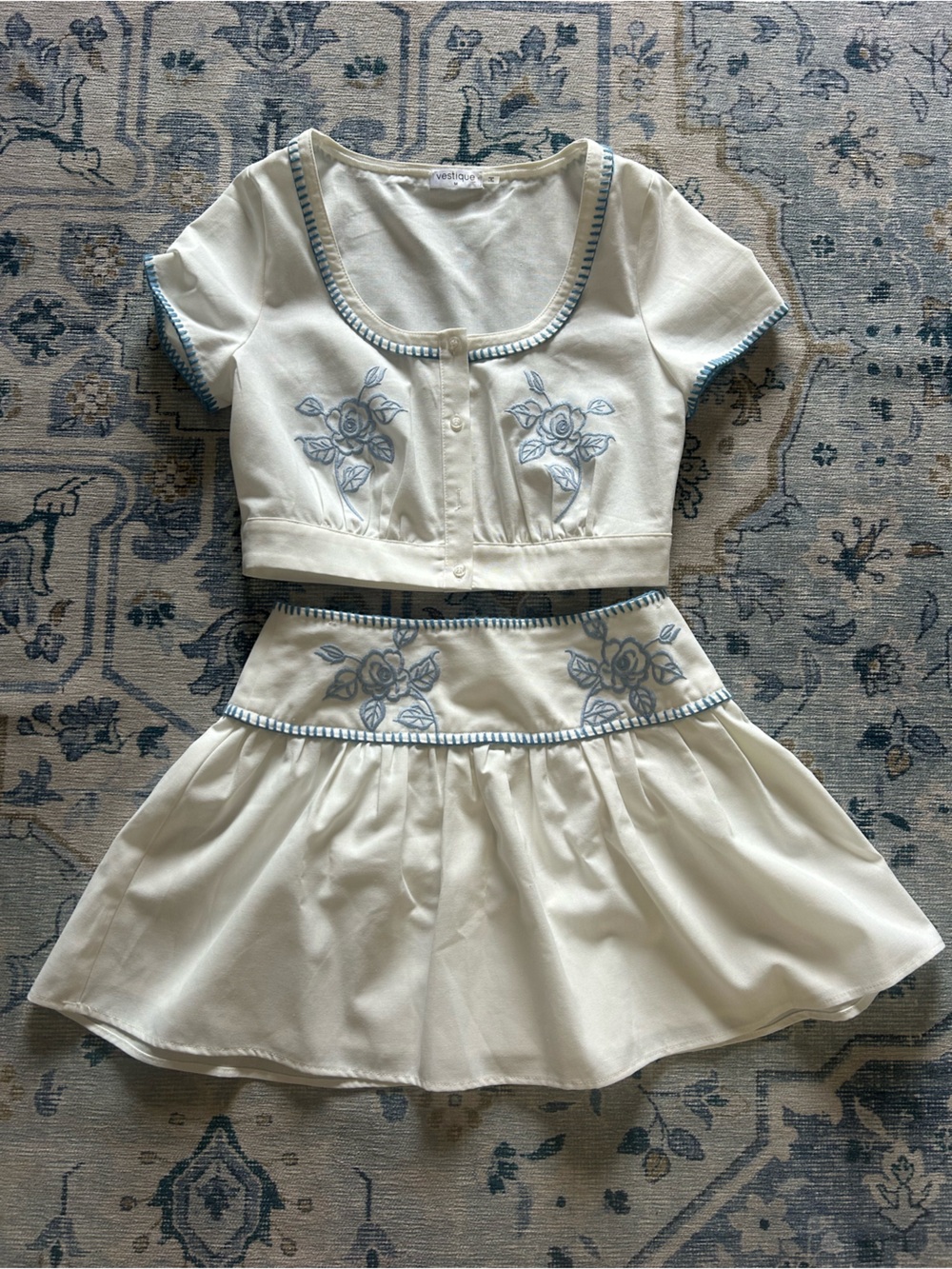vestique Cream Two-Piece Floral Embroidered Crop Top and Skirt Set - NEVER WORN